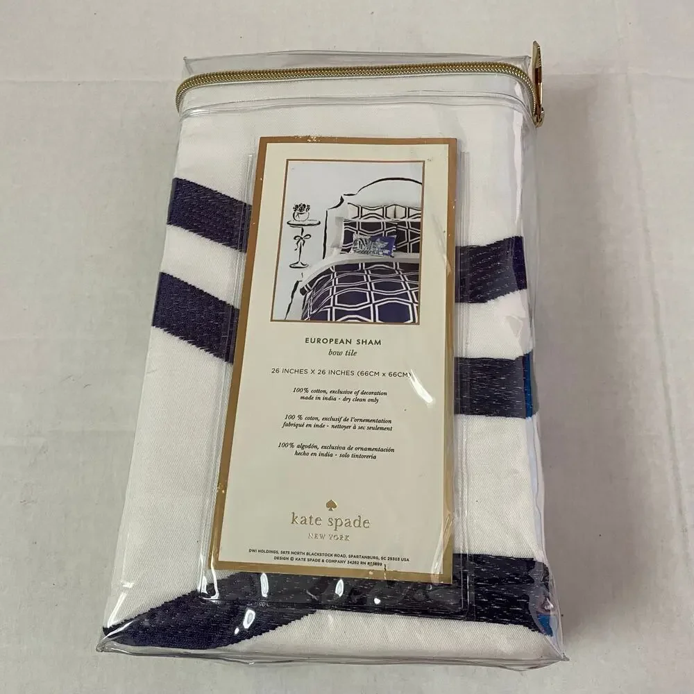 Kate Spade Bow Tile European Sham White Navy Blue Cotton Pillow Cover Single NIP